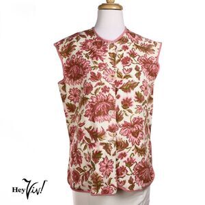 Vintage Sleeveless Top Floral Design w Pink Piping Edges Size Large - Hey Viv